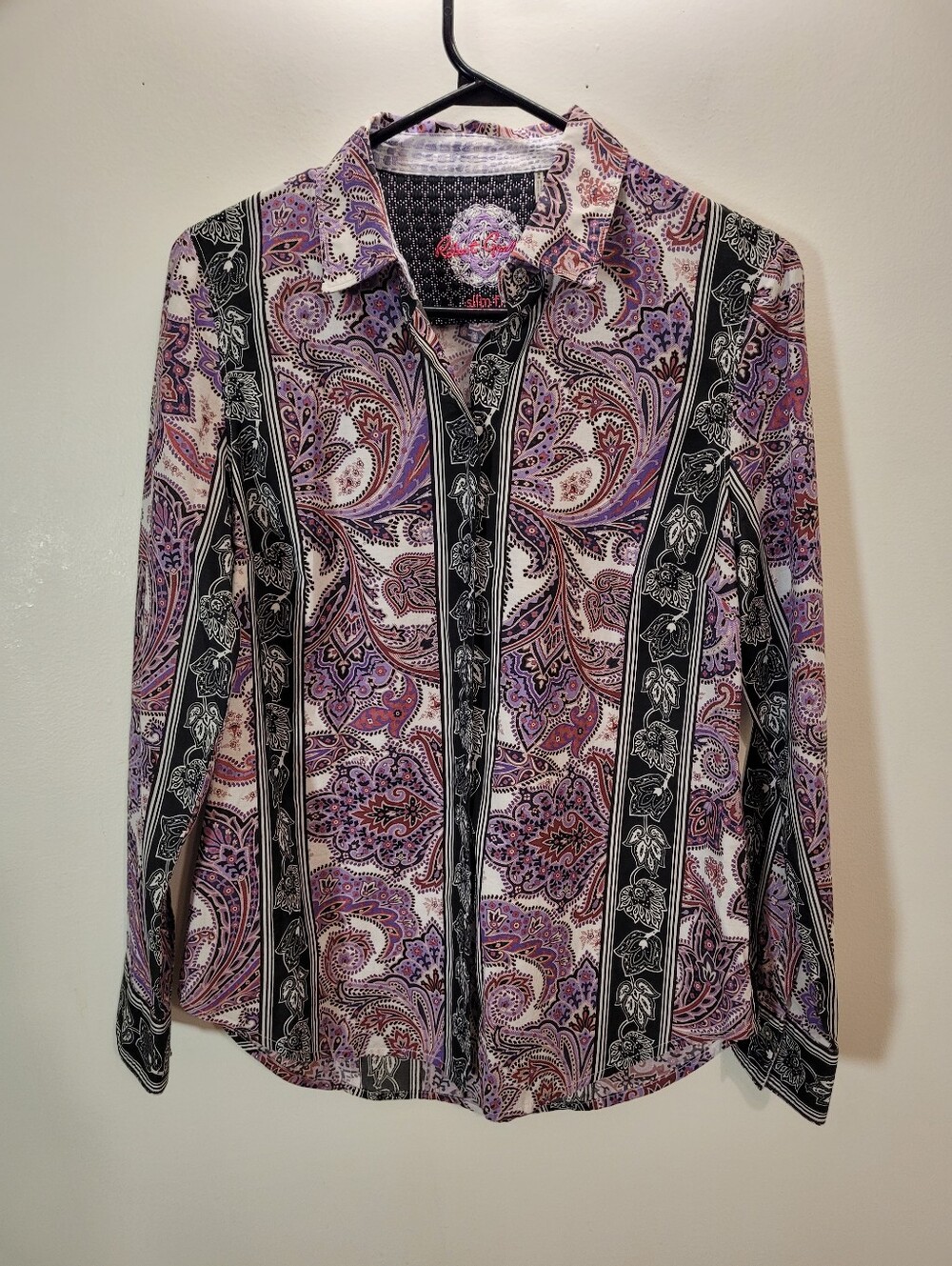 Robert Graham Women's Purple Paisley Black Stripes Button-Down Shirt - Size M
